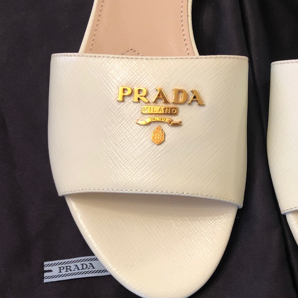 Prada Gold Logo Cream Sandals. New. - Picture 5 of 9